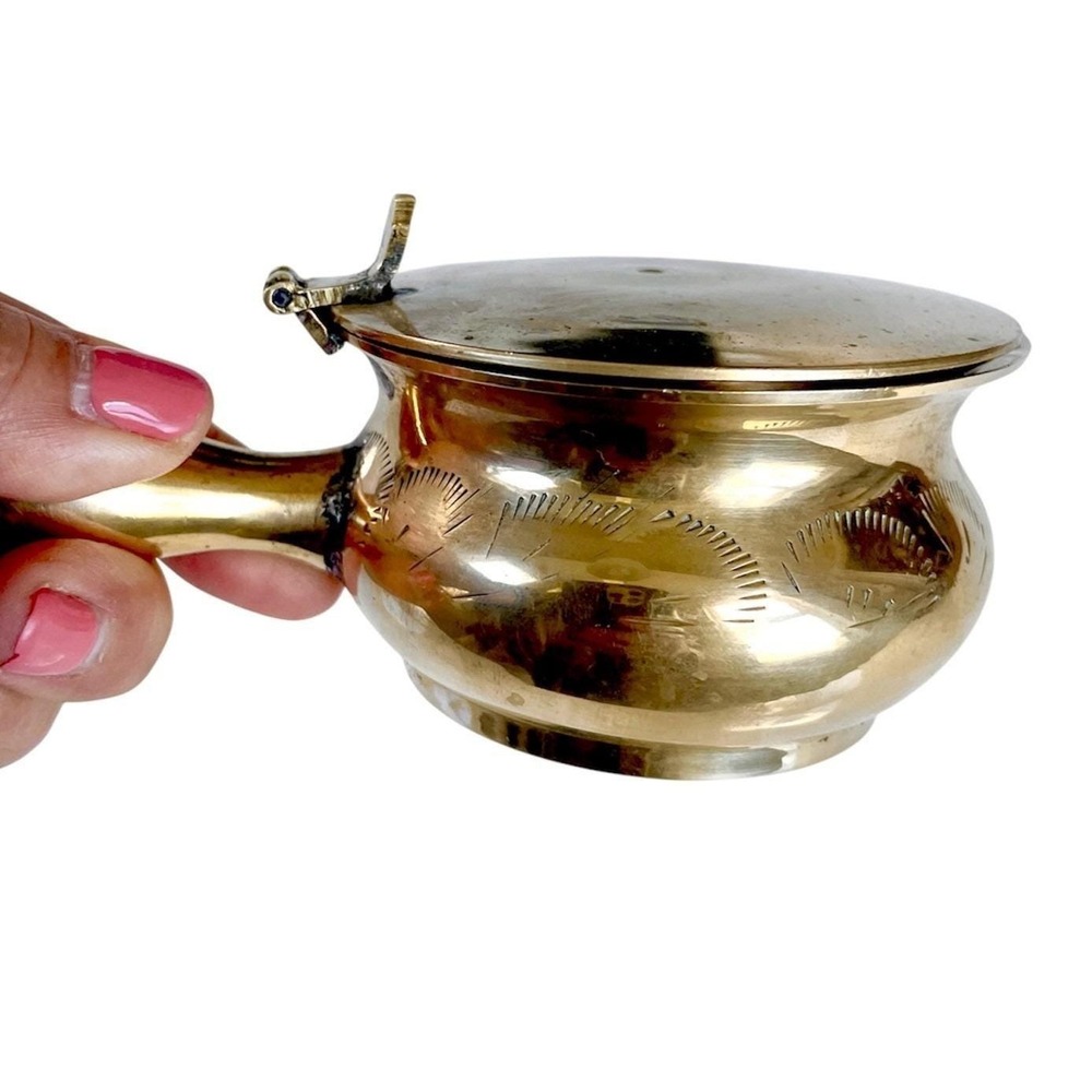 Vintage Brass Lidded Ashtray Cauldron‎ Trinket Dish Engraved Catchall Decor